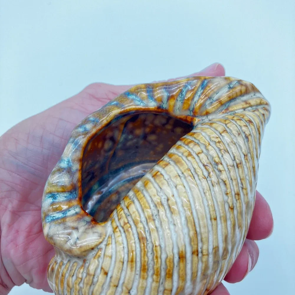 Vintage Ceramic Conch Shell Planter Vase 4.5in Brown Coastal Home Decor